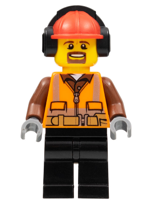 cty0799 Cargo Center Worker - Male, Orange Safety Vest, Reflective Stripes, Reddish Brown Shirt, Black Legs, Red Construction Helmet with Black Ear Protectors / Headphones, Goatee