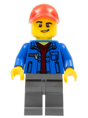 LEGO® Minifigure Truck Driver - Blue Jacket over Dark Red V-Neck Sweater, Dark Bluish Gray Legs, Red Cap with Hole, Lopsided Grin (cty0800)