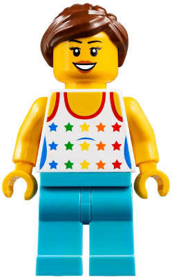 cty0819 Minifigure Shirt with Female Rainbow Stars Pattern, Medium Azure Legs, Reddish Brown Ponytail Hair, Black Eyebrows