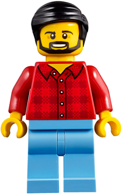 cty0843 Minifigure Camper - Male, Red Plaid Flannel Shirt, Medium Blue Legs, Black Smooth Hair