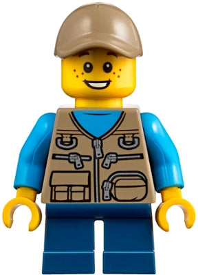 cty0845  Minifigure  Child - Boy, Dark Tan Vest over Dark Azure Shirt, Dark Blue Short Legs, Dark Tan Cap, Freckles