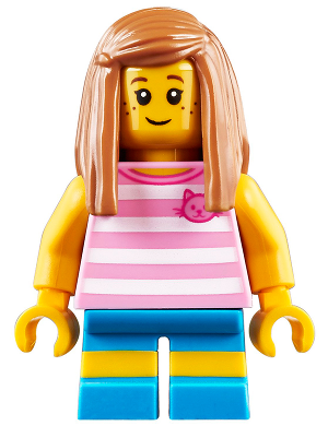 cty0907 Minifigure Child - Girl, Bright Pink Striped Shirt with Cat Head, Dark Azure Short Legs with Molded Yellow Stripes, Medium Nougat Long Hair, Freckles