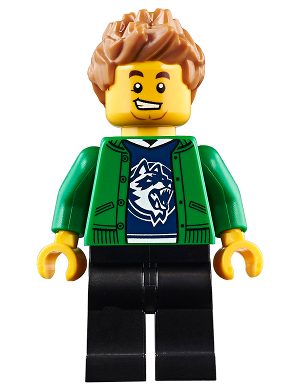 cty0920 Minifigure Hiker, Male, Green Jacket over Raccoon Shirt, Black Legs, Medium Nougat Spiked Hair