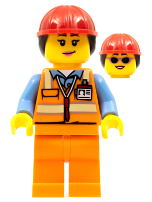 LEGO® Minifigure Airport Luggage Handler - Female, Orange Safety Vest with Reflective Stripes, Orange Legs, Red Construction Helmet with Dark Brown Ponytail Hair (cty0950)