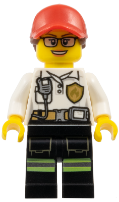 LEGO® Minifigure Fire - Female White Shirt with Fire Logo Badge and Belt, Reflective Stripes on Black Legs, Red Cap with Ponytail (cty0970)