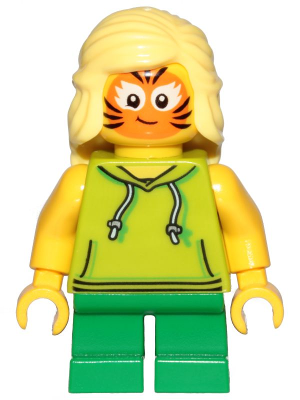 cty1014 Minifigure Girl, Lime Hoodie, Green Short Legs, Orange Cat Face Paint