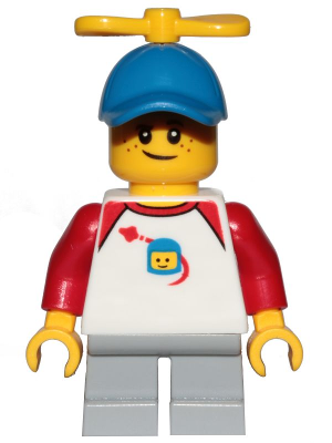 cty1015   Minifigure   Boy, Freckles, Classic Space Shirt with Red Sleeves, Light Bluish Gray Short Legs, Blue Cap with Tiny Yellow Propeller