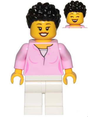 cty1018   Minifigure   Mom - Bright Pink Female Top, White Legs, Black Hair Coiled and Short