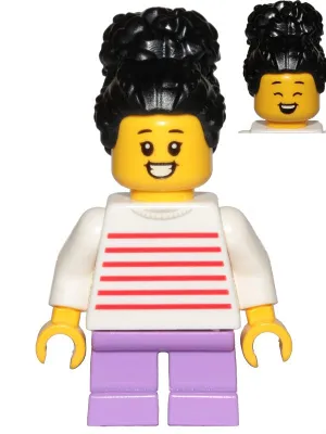 cty1019 Minifigure Child - Girl, White Sweater with Red Horizontal Stripes, Medium Lavender Short Legs, Black Coiled Hair with Bun