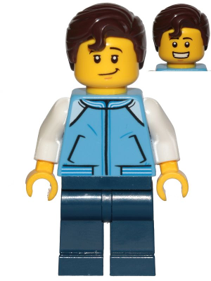 cty1021 Minifigure Teenage Boy, Medium Blue Jacket, Dark Blue Legs, Dark Brown Hair Swept Right with Front Curl