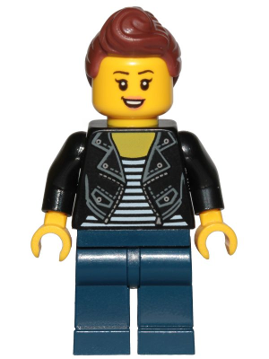 cty1022 Minifigure Teenage Girl, Black Jacket and White Shirt with Black Stripes, Dark Blue Legs, Reddish Brown Hair Female Ponytail and Fringe