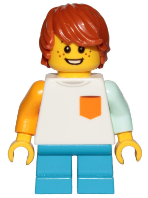 cty1023 Minifigure Boy, Freckles, White Shirt with Orange Pocket, Dark Azure Short Legs, Dark Orange Hair Tousled with Side Part