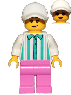 cty1026 Minifigure Ice Cream Vendor - Female, White Shirt with Dark Turquoise Stripes, Dark Pink Legs, White Cap with Bright Light Yellow Ponytail Hair, Sunglasses