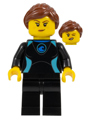 cty1051 Minifigure Surfer - Female, Black Wetsuit with Medium Azure Trim, Reddish Brown Hair