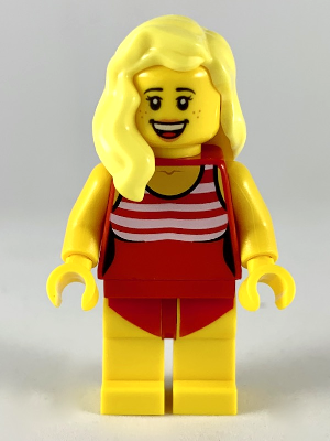 cty1053 Minifigure Swimmer - Female, Red Swimsuit with White Stripes, Bright Light Yellow Hair