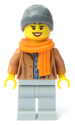 cty1085   Minifigure   Customer - Female, Medium Nougat Jacket, Light Bluish Gray Legs, Dark Bluish Gray Beanie, Orange Scarf