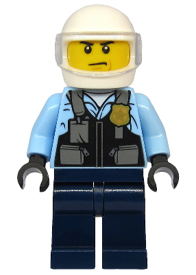 cty1143 Minifigure Police - City Motorcyclist, Safety Vest with Police Badge, Dark Blue Legs, White Helmet, Trans-Clear Visor