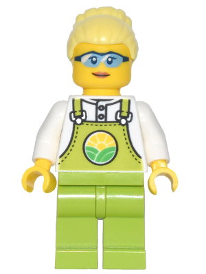 LEGO® Minifigure Farmer Peach - Lime Overalls over White Shirt, Lime Legs, Bright Light Yellow High Bun, Glasses (cty1441)