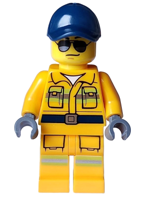 LEGO® Minifigure Stuntz Crew - Male, Bright Light Orange Suit with Reflective Stripes, Dark Blue Cap, Sunglasses (cty1592)