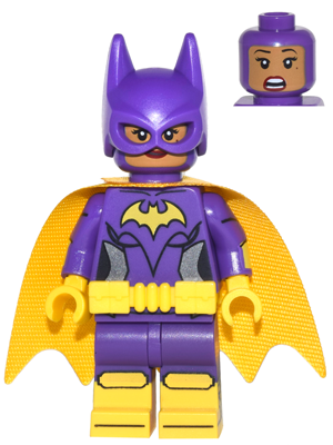 dim044 Batgirl - Minifigure, Dark Purple Suit, Yellow Cape, Smirk / Surprised