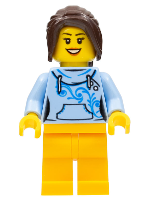 LEGO® Minifigure Female with Long Dark Brown Hair, Bright Light Blue Hoodie, and Bright Light Orange Legs (edu008)