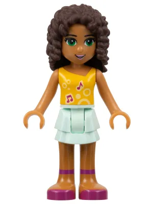 frnd014   Minifigure   Friends Andrea - Light Aqua Layered Skirt, Bright Light Orange Top with Music Notes