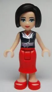 frnd018   Minifigure   Friends Anna - Red Long Skirt, Dark Blue Sleeveless Blouse Top