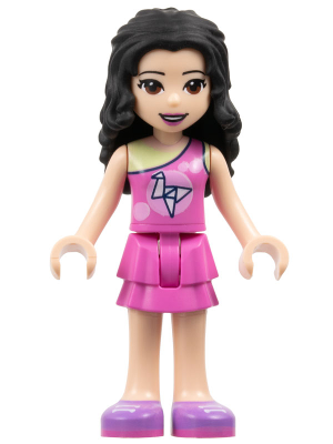 LEGO® Minifigure Friends Emma - Dark Pink Top with Bright Pink Circles and White Origami Crane over Yellowish Green Tank Top, Dark Pink Layered Skirt, Medium Lavender Shoes (frnd0357) - USED