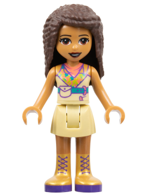 Friends Andrea - Tan Skirt, Coral, Lime and Medium Azure Top, Gold Boots