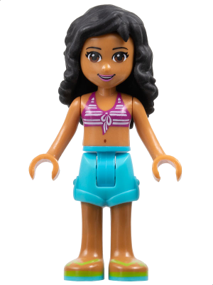 frnd039   Minifigure   Friends Kate - Medium Azure Shorts, Striped Bikini Top