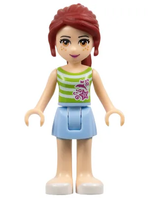 frnd045   Minifigure   Friends Mia - Bright Light Blue Skirt, Green Top with White Stripes