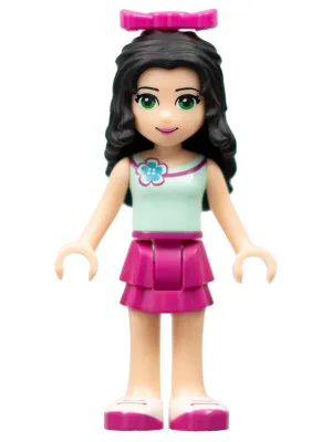 frnd052   Minifigure   Friends Emma - Magenta Layered Skirt, Light Aqua Top with Flower, Bow