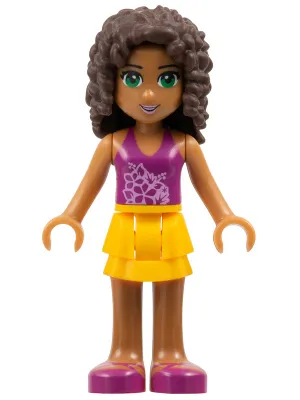 frnd055   Minifigure   Friends Andrea - Bright Light Orange Layered Skirt, Magenta Top