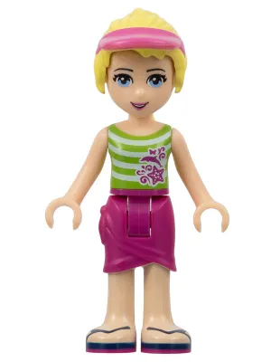 frnd058   Minifigure   Friends Stephanie - Magenta Wrap Skirt, Green Top with White Stripes, Hair with Visor