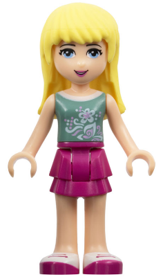 frnd065   Minifigure   Friends Stephanie - Magenta Layered Skirt, Sand Green Top