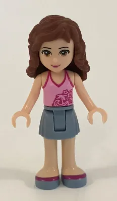 frnd079   Minifigure   Friends Olivia (Light Nougat) - Sand Blue Skirt, Bright Pink Top with Magenta Trim