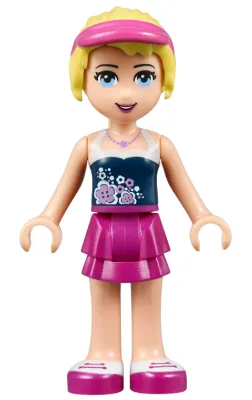 frnd083   Minifigure   Friends Stephanie - Magenta Layered Skirt, Dark Blue Top, Hair with Visor