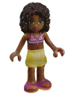 frnd087   Minifigure   Friends Andrea - Bright Light Yellow Shorts, Magenta and White Striped Bikini Top