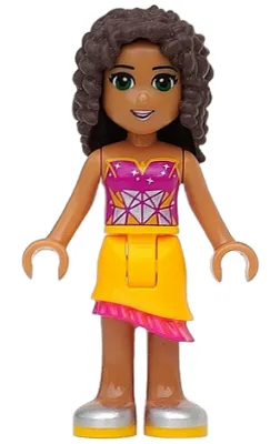 frnd122   Minifigure   Friends Andrea - Bright Light Orange Asymmetric Skirt with Magenta Fringe, Magenta Top with White Geometric Heart