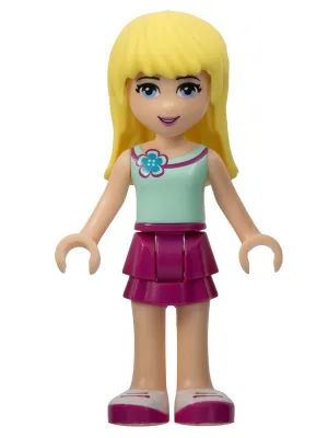 frnd127   Minifigure   Friends Stephanie - Magenta Layered Skirt, Light Aqua Top with Flower