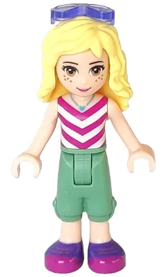 frnd168   Minifigure   Friends Naya - Sand Green Cropped Trousers, Magenta and White V-Striped Top, Sunglasses