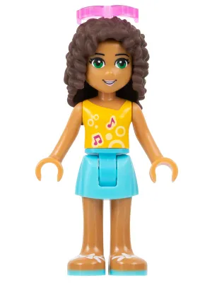 frnd169   Minifigure   Friends Andrea - Medium Azure Skirt, Bright Light Orange Top with Music Notes, Sunglasses