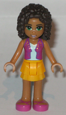 frnd176   Minifigure   Friends Andrea - Bright Light Orange Layered Skirt, Magenta Vest Top