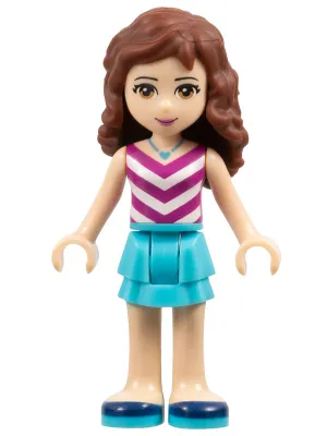 frnd179   Minifigure   Friends Olivia (Light Nougat) - Medium Azure Layered Skirt, Magenta and White V-Striped Top and Medium Azure Necklace