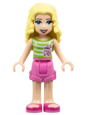 frnd203   Minifigure   Friends Liza - Dark Pink Shorts, Green Top with White Stripes