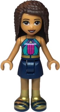 frnd346 Minifigure Friends Andrea - Dark Turquoise Halter Top with Magenta Stripes and Dots, Dark Blue Skirt, Gold Boots and Belt