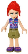 frnd377   Minifigure   Friends Mia - Olive Green Shorts, Dark Azure and Dark Purple Patterned Sleeveless Jacket with Zipper