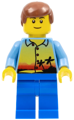 Sunset and Palm Trees - Male, Blue Legs, Reddish Brown Male Hair, Thin Grin
