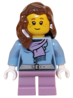 hol059   Minifigure   Medium Blue Jacket with Light Purple Scarf, Medium Lavender Short Legs, Reddish Brown Female Hair over Shoulder