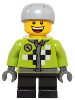 hol073   Minifigure   Lime Jacket with Wrench and Black and White Checkered Pattern, Short Black Legs, Sports Helmet with Vent Holes